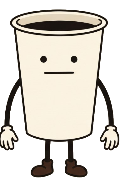 Drip: a tall white paper cup of black coffee with two dot eyes, a flat line mouth, thin black arms and legs, white gloves and brown boots.