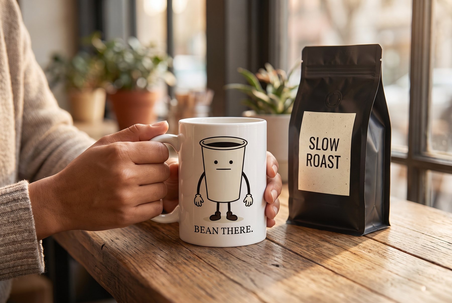 Hands holding a white ceramic mug printed with Drip and the words Bean There, on a sunlit cafe table beside a black bag of Slow Roast coffee.