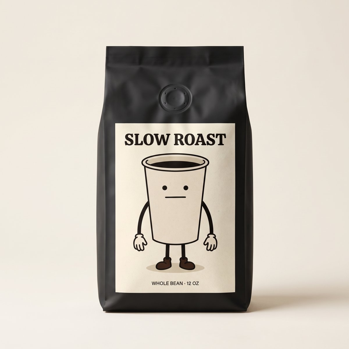 Matte black coffee bag with a cream label showing Drip and the words Slow Roast.
