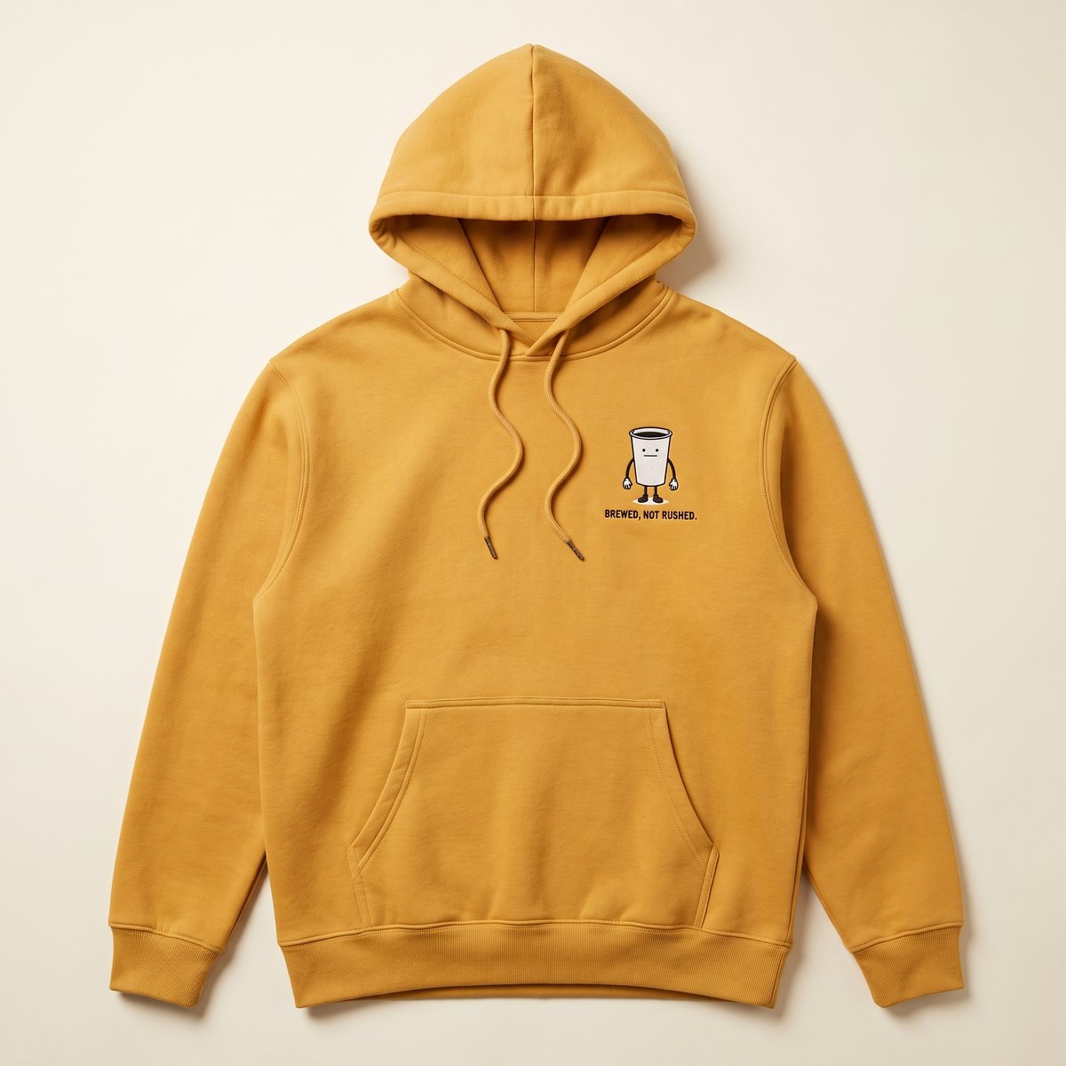 Mustard heavyweight hoodie with a small embroidered Drip on the left chest.