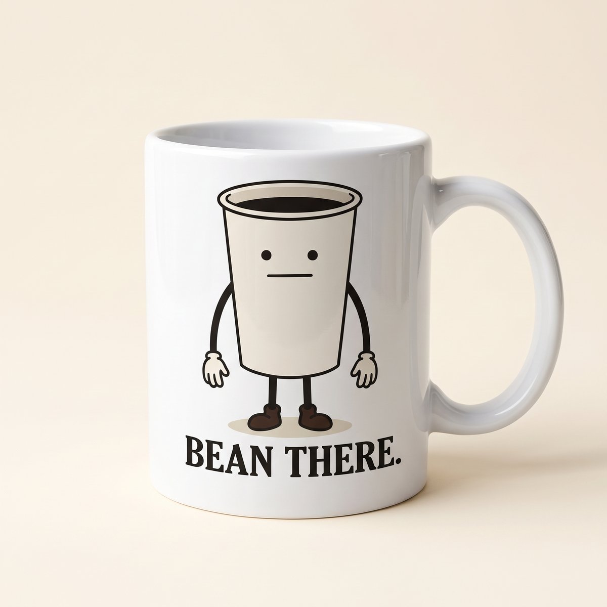 White ceramic diner mug printed with Drip above the words Bean There.