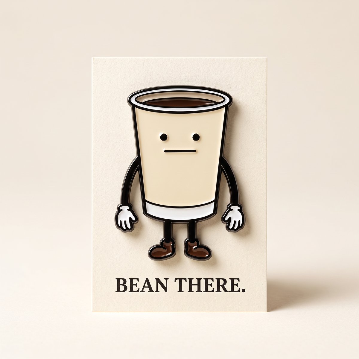 Hard enamel pin shaped like Drip on a cream card reading Bean There.