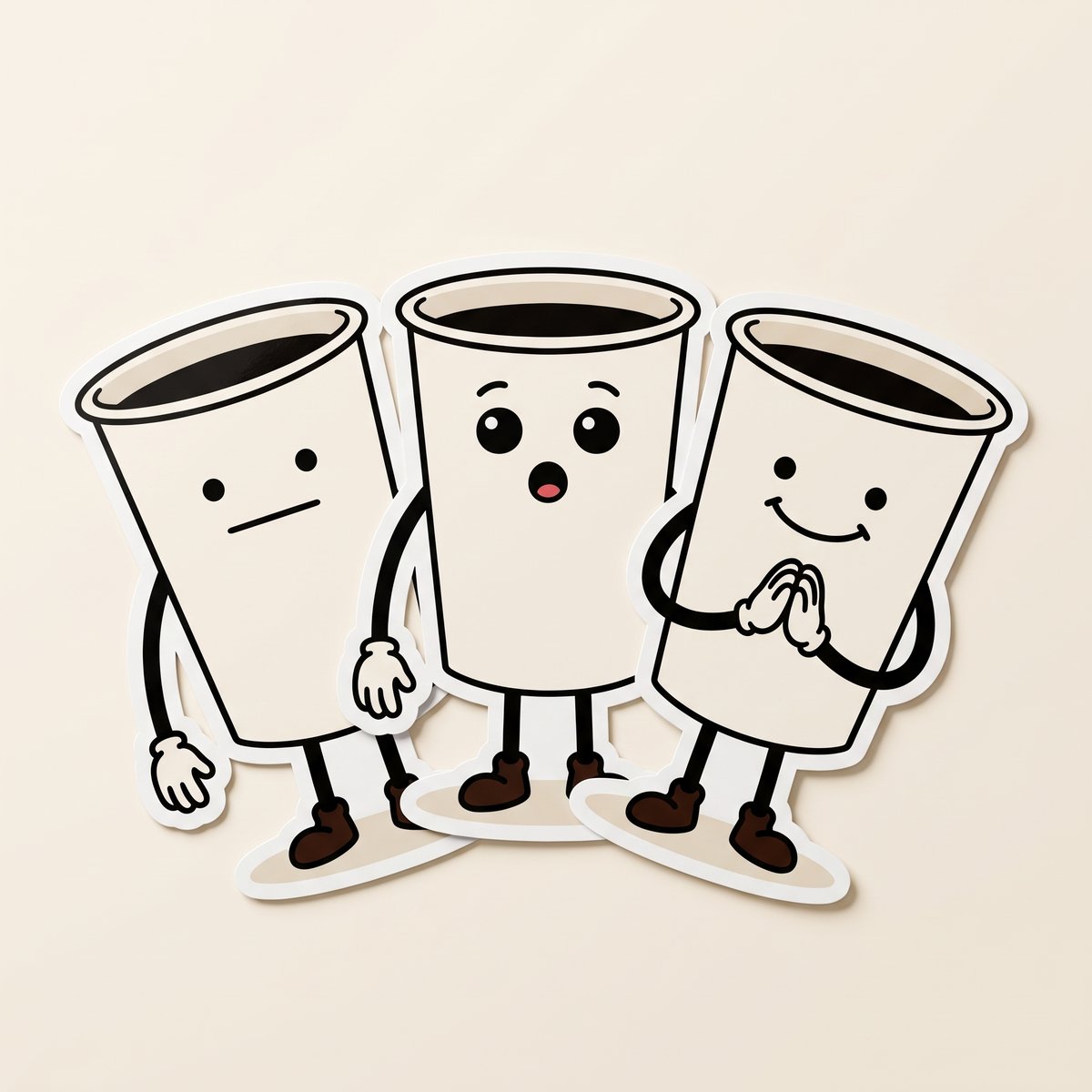 Three die-cut vinyl stickers of Drip: neutral, surprised and smiling.